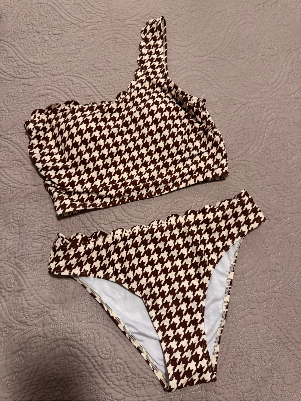 Women’s One-Shoulder Houndstooth Bikini Set - Brown & White